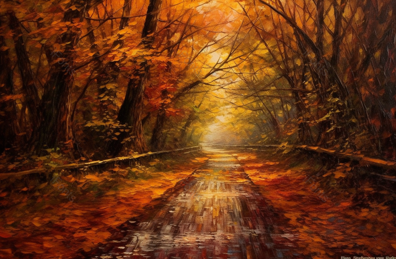 油画中秋天山林中树下的乡间道路,插画/手绘图,插画/手绘图库,插画/手绘图下载,插画/手绘